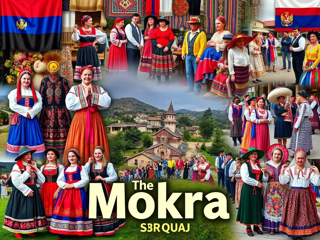 A collage of images showcasing traditional Serbian crafts, costumes, and cultural events in Mokra, highlighting the village's rich heritage.