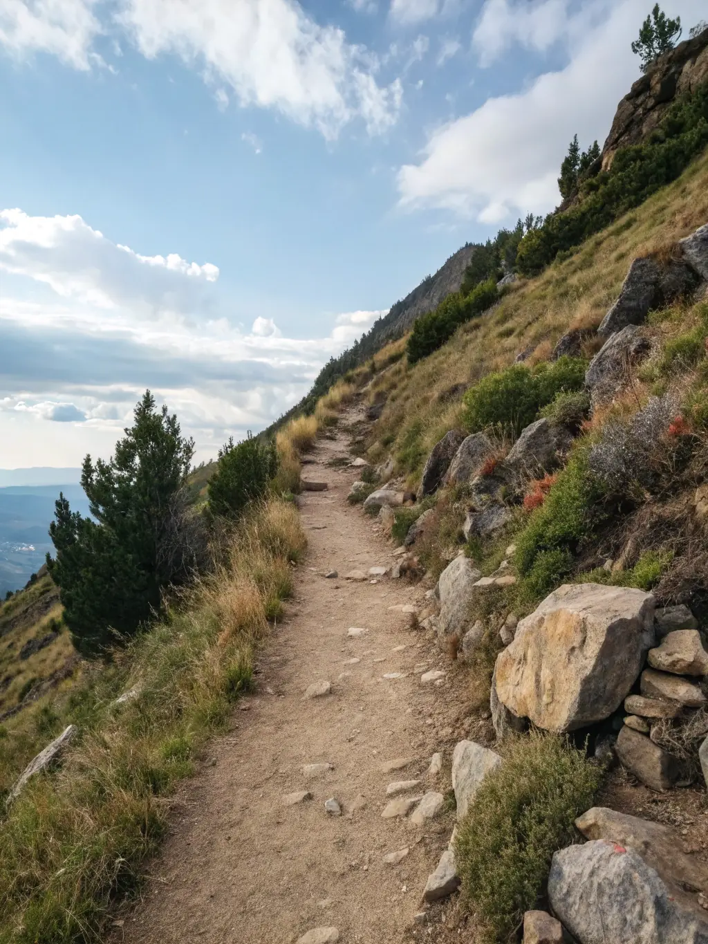 A scenic view of the hiking trail leading to Trem peak on Suva Planina, showcasing the rugged terrain and clear blue sky, emphasizing the challenge and reward of the hike.